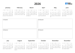 A landscape yearly calendar featuring mini monthly calendars and a large central box for recording key schedules and notes for all four quarters.