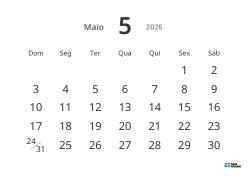 Modelo de calendário mensal em formato paisagem com datas grandes e alta legibilidade