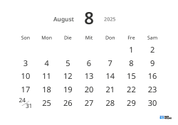 Gut lesbare Monatskalender-Vorlage im Querformat mit großen Datumszahlen