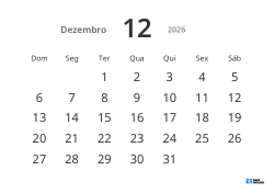 Modelo de calendário mensal em formato paisagem com datas grandes e alta legibilidade