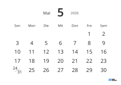 Gut lesbare Monatskalender-Vorlage im Querformat mit großen Datumszahlen