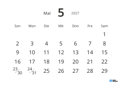 Gut lesbare Monatskalender-Vorlage im Querformat mit großen Datumszahlen