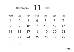 Modelo de calendário mensal em formato paisagem com datas grandes e alta legibilidade