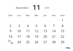 Modèle de calendrier mensuel paysage avec grandes dates et haute lisibilité