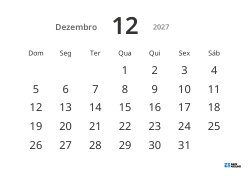 Modelo de calendário mensal em formato paisagem com datas grandes e alta legibilidade