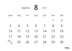 Modelo de calendário mensal em formato paisagem com datas grandes e alta legibilidade