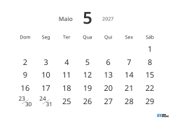 Modelo de calendário mensal em formato paisagem com datas grandes e alta legibilidade