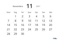 Modelo de calendário mensal em formato paisagem com datas grandes e alta legibilidade