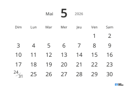 Modèle de calendrier mensuel paysage avec grandes dates et haute lisibilité
