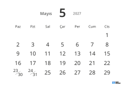 Büyük tarihli ve yüksek okunabilirliğe sahip yatay aylık takvim şablonu