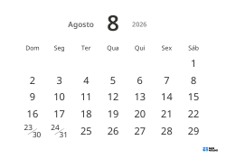 Modelo de calendário mensal em formato paisagem com datas grandes e alta legibilidade