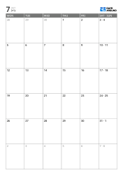 Vertical monthly calendar with wide weekday sections and combined weekend cells in a 6-week layout