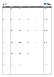 Vertical monthly calendar with wide weekday sections and combined weekend cells in a 6-week layout