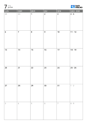 Calendrier mensuel vertical sur 6 semaines avec jours ouvrés élargis et week-end combiné