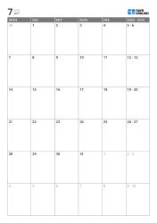 Vertikaler Monatskalender über 6 Wochen mit breiten Werktagsfeldern und kombiniertem Wochenende