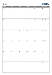 Vertical monthly calendar with wide weekday sections and combined weekend cells in a 6-week layout