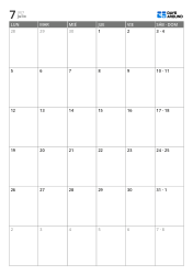Calendario mensual vertical de 6 semanas con días laborables ampliados y fines de semana combinados