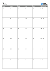 Calendario mensual vertical de 6 semanas con días laborables ampliados y fines de semana combinados