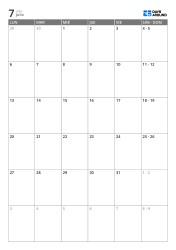 Calendario mensual vertical de 6 semanas con días laborables ampliados y fines de semana combinados