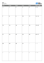 Calendrier mensuel vertical sur 6 semaines avec jours ouvrés élargis et week-end combiné