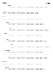 Calendario annuale con date mensili in orizzontale e giorni della settimana in verticale. Modello stampabile in formato verticale con separatori trimestrali ogni tre mesi.