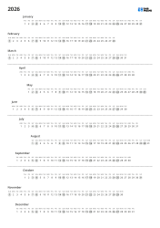 A yearly calendar with monthly dates arranged horizontally and weekdays aligned vertically. Printable annual calendar template (portrait) with quarterly dividers every three months.