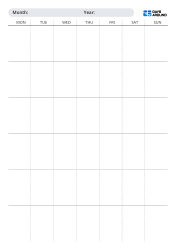 Undated monthly calendar template in portrait layout with selectable Sunday or Monday start and flexible 5-week or 6-week layouts, featuring dotted vertical dividers for a more open writing space