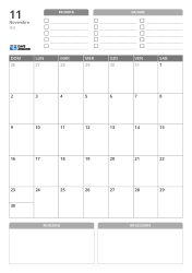 Priorità e DA FARE in alto, calendario mensile 7 × 5 al centro e Revisione e Riflessione in basso – modello di calendario mensile (verticale)