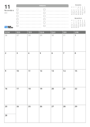 Na parte superior há uma lista de TAREFAS e mini calendários do mês anterior e do próximo. Na parte inferior, um calendário mensal em grade 7 colunas × 5 linhas – modelo de calendário mensal (Vertical).