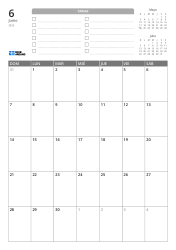 En la parte superior hay una lista de TAREAS y mini calendarios del mes anterior y siguiente. En la parte inferior se encuentra un calendario mensual en un formato de 7 columnas × 5 filas – plantilla de calendario mensual (Vertical).