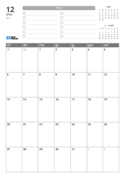 ऊपर TO-DO सूची और पिछले/अगले महीने के मिनी कैलेंडर हैं। नीचे 7 कॉलम × 5 पंक्तियों का मासिक कैलेंडर है — मासिक कैलेंडर टेम्पलेट (वर्टिकल)।