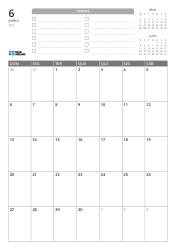 Na parte superior há uma lista de TAREFAS e mini calendários do mês anterior e do próximo. Na parte inferior, um calendário mensal em grade 7 colunas × 5 linhas – modelo de calendário mensal (Vertical).