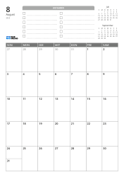 Oben befinden sich eine TO-DO-Liste und Mini-Kalender für den Vormonat und Folgemonat. Unten steht ein Monatskalender im 7-Spalten × 5-Zeilen-Layout – Monatskalender-Vorlage (Hochformat).