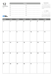 En la parte superior hay una lista de TAREAS y mini calendarios del mes anterior y siguiente. En la parte inferior se encuentra un calendario mensual en un formato de 7 columnas × 5 filas – plantilla de calendario mensual (Vertical).