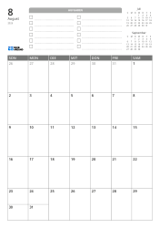 Oben befinden sich eine TO-DO-Liste und Mini-Kalender für den Vormonat und Folgemonat. Unten steht ein Monatskalender im 7-Spalten × 5-Zeilen-Layout – Monatskalender-Vorlage (Hochformat).