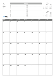 En la parte superior hay una lista de TAREAS y mini calendarios del mes anterior y siguiente. En la parte inferior se encuentra un calendario mensual en un formato de 7 columnas × 5 filas – plantilla de calendario mensual (Vertical).