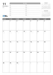 In alto sono presenti una lista DA FARE e i mini calendari del mese precedente e successivo. In basso un calendario mensile in una griglia 7 colonne × 5 righe – modello di calendario mensile (Verticale).