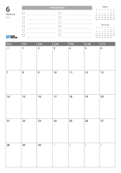 Üst kısımda YAPILACAKLAR listesi ile önceki/sonraki ay mini takvimleri bulunur. Alt kısımda 7 sütun × 5 satırlık aylık takvim yer alır – aylık takvim şablonu (Dikey).