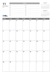 En la parte superior hay una lista de TAREAS y mini calendarios del mes anterior y siguiente. En la parte inferior se encuentra un calendario mensual en un formato de 7 columnas × 5 filas – plantilla de calendario mensual (Vertical).