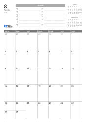 Na parte superior há uma lista de TAREFAS e mini calendários do mês anterior e do próximo. Na parte inferior, um calendário mensal em grade 7 colunas × 5 linhas – modelo de calendário mensal (Vertical).