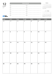 Üst kısımda YAPILACAKLAR listesi ile önceki/sonraki ay mini takvimleri bulunur. Alt kısımda 7 sütun × 5 satırlık aylık takvim yer alır – aylık takvim şablonu (Dikey).