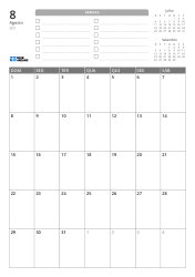 Na parte superior há uma lista de TAREFAS e mini calendários do mês anterior e do próximo. Na parte inferior, um calendário mensal em grade 7 colunas × 5 linhas – modelo de calendário mensal (Vertical).