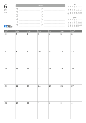 ऊपर TO-DO सूची और पिछले/अगले महीने के मिनी कैलेंडर हैं। नीचे 7 कॉलम × 5 पंक्तियों का मासिक कैलेंडर है — मासिक कैलेंडर टेम्पलेट (वर्टिकल)।