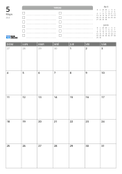 En la parte superior hay una lista de TAREAS y mini calendarios del mes anterior y siguiente. En la parte inferior se encuentra un calendario mensual en un formato de 7 columnas × 5 filas – plantilla de calendario mensual (Vertical).