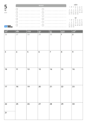 ऊपर TO-DO सूची और पिछले/अगले महीने के मिनी कैलेंडर हैं। नीचे 7 कॉलम × 5 पंक्तियों का मासिक कैलेंडर है — मासिक कैलेंडर टेम्पलेट (वर्टिकल)।