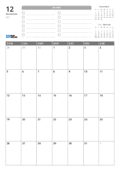 In alto sono presenti una lista DA FARE e i mini calendari del mese precedente e successivo. In basso un calendario mensile in una griglia 7 colonne × 5 righe – modello di calendario mensile (Verticale).