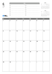 上方包含待办列表及前月、次月的迷你日历，下方为 7 列×5 行的月历——月度日历模板（竖版）。