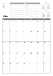 上方包含待办列表及前月、次月的迷你日历，下方为 7 列×5 行的月历——月度日历模板（竖版）。