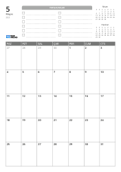 Üst kısımda YAPILACAKLAR listesi ile önceki/sonraki ay mini takvimleri bulunur. Alt kısımda 7 sütun × 5 satırlık aylık takvim yer alır – aylık takvim şablonu (Dikey).