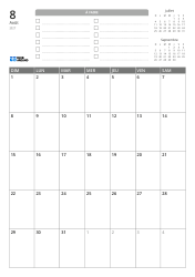 En haut se trouvent une liste À FAIRE et des mini-calendriers du mois précédent et du mois suivant. En bas, un calendrier mensuel en grille 7 colonnes × 5 lignes – modèle de calendrier mensuel (Vertical).